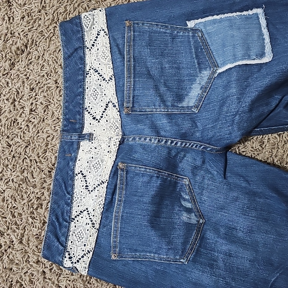 Free People Haynes Jeans Crochet Lace Patchwork Skinny Denim 27 Pants - Picture 10 of 13